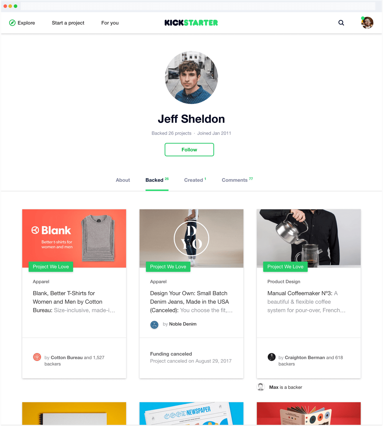 New Kickstarter Profile Design screenshot